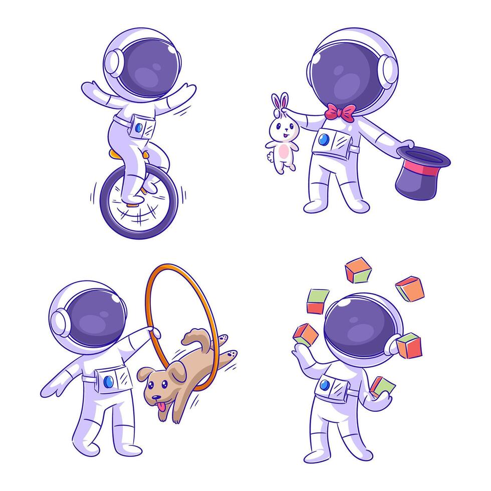 schattig astronaut draaide zich om goochelaar, tekenfilm stijl reeks vector