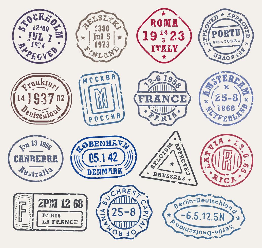 retro postzegels met schurft, stedenstempel op een envelop voor vintage paspoortomslag, reiziger tshirt print of grunge-stijl bagage. vectorillustratie. vector