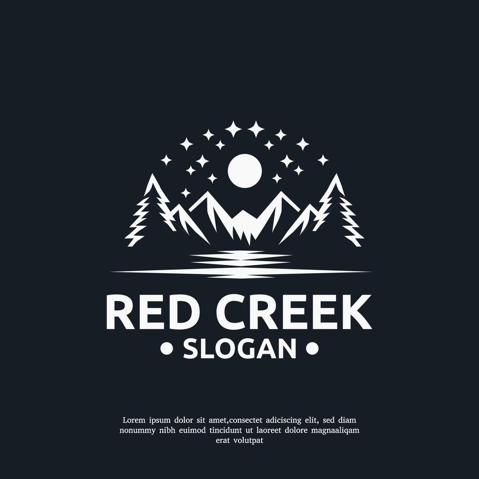 rood kreek avontuur logo ontwerp sjabloon. een toneel- landschap van een vloeiende kreek omringd door levendig rood gebladerte, perfect voor natuurthema ontwerpen en reclame. vector