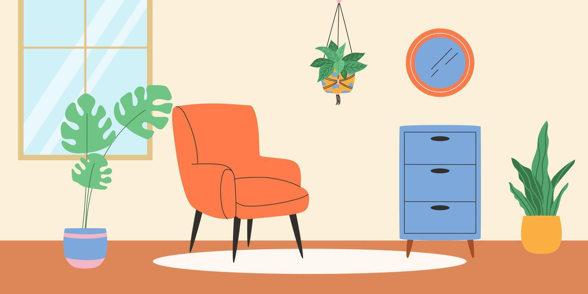 interieur van knus kamer met venster en planten. vector illustratie.