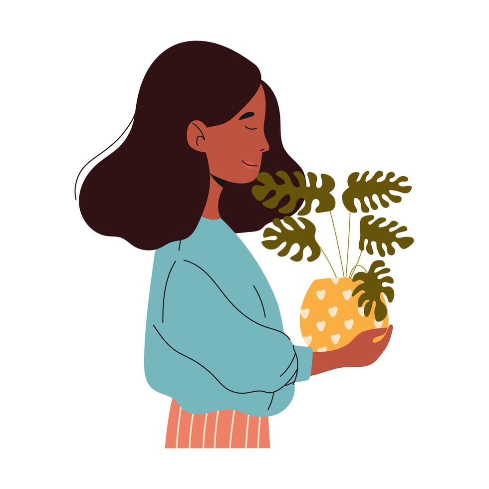 schattig meisje Holding een bloem pot in haar handen. stedelijk tuinieren. vector illustratie.