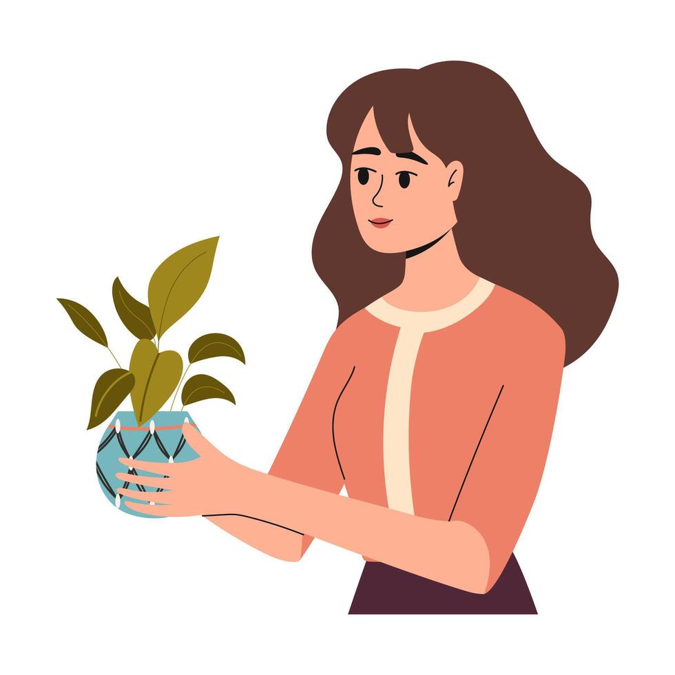 gelukkig vrouw met een bloem pot in haar handen. stedelijk tuinieren. vector illustratie.