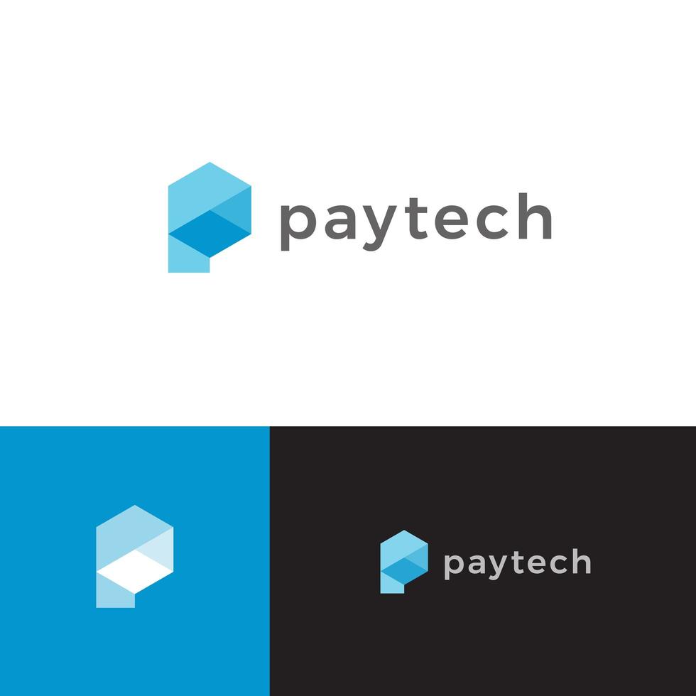 elektronisch betalingssymbool, blauwe zeshoekvorm, abstracte letter p. web betalen tech logo concept. geometrische logo sjabloon voor identiteit. innoveren financiële technologie teken. geïsoleerde vectorillustratie vector
