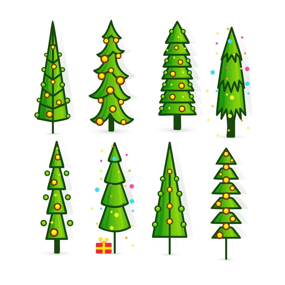 set kerstbomen, dennenpictogrammen in vlakke stijl, heldere afbeeldingen voor het ontwerp van wenskaarten en uitnodigingen voor nieuwjaarsvakanties en kerstmis. vector illustratie