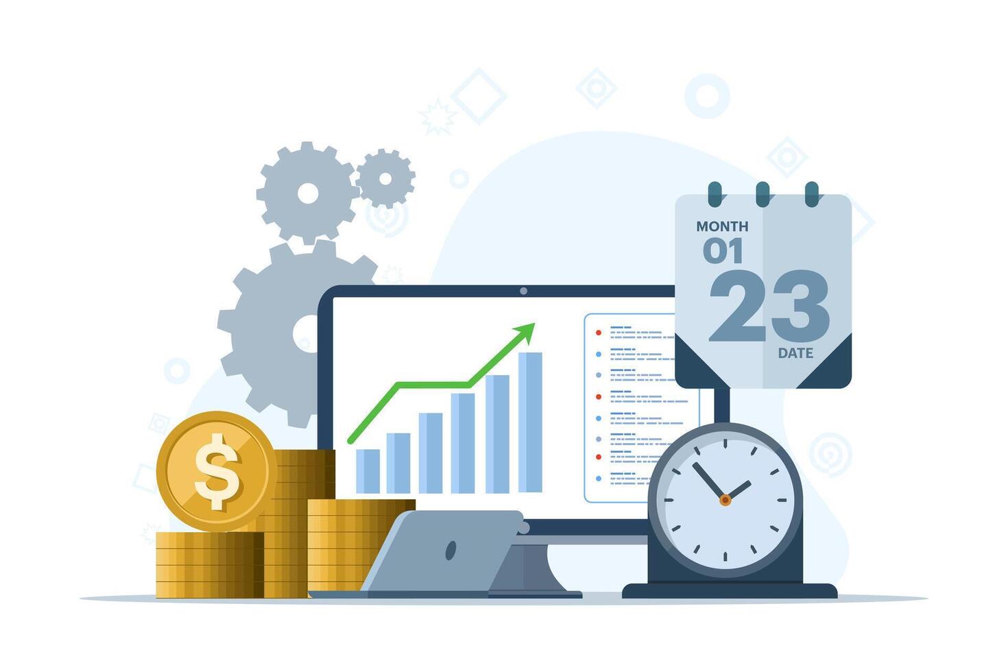 bedrijf afzet team planning concept, analyseren financieel rapporten en gegevens naar toenemen omzet, bedrijf rapporten, gegevens diagrammen en grafieken, statistieken of analyse, gegevens analyse, markt Onderzoek. vector