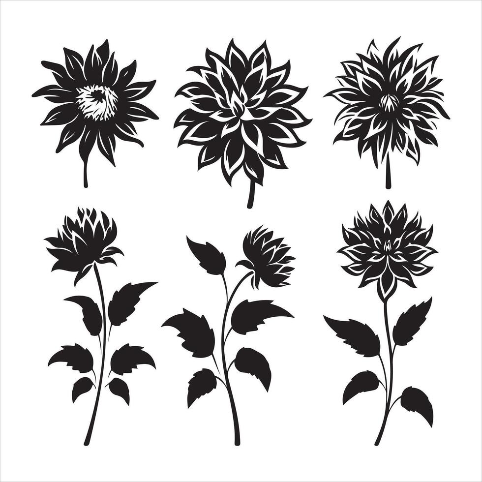 een zwart silhouet dahlia bloem reeks vector