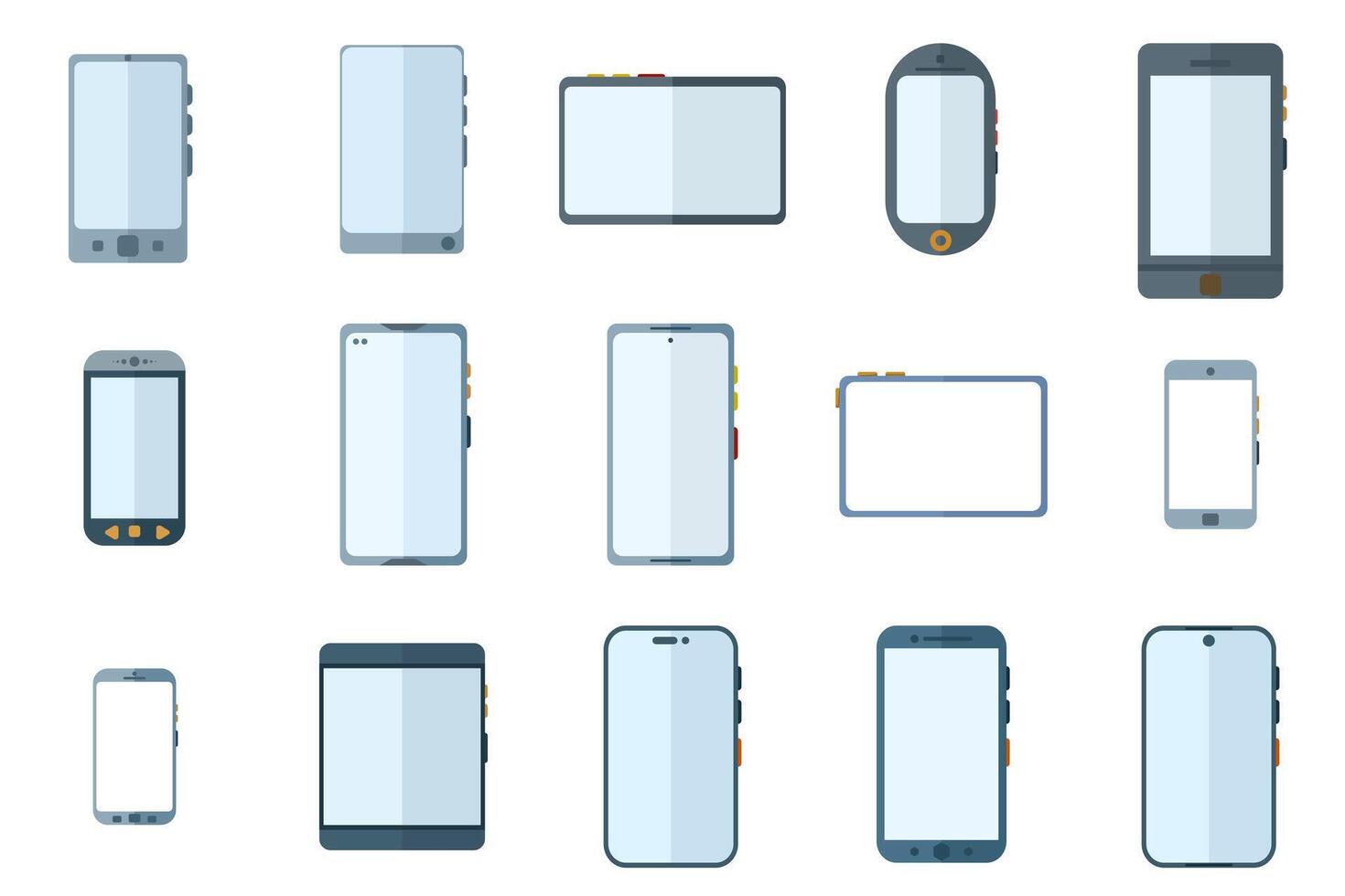 smartphone reeks illustratie. mobiel telefoon Scherm, apparaat scherm kader en mobiel telefoon vector sjabloon illustratie set. middelen van communicatie, modellen van presentatie van modern gadgets.