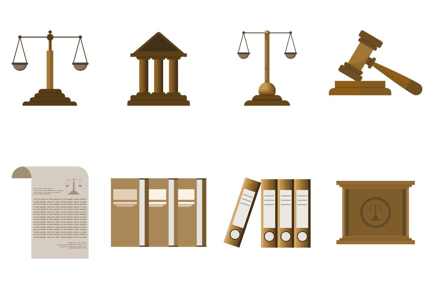 gerechtigheid icoon set. bevat gerechtigheid wet, rechtbank wet, advocaat, beslissing, Gezag, crimineel en gevangenis pictogrammen. vlak vector illustratie Aan wit achtergrond.