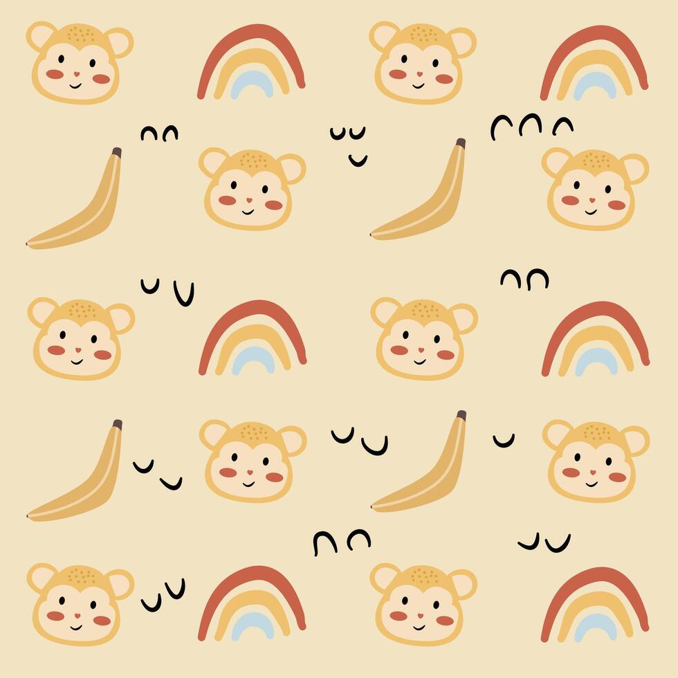 kinderachtig naadloos patroon met schattig aap, banaan en boho regenboog creatief structuur voor kleding stof en textiel voorraad illustratie vector