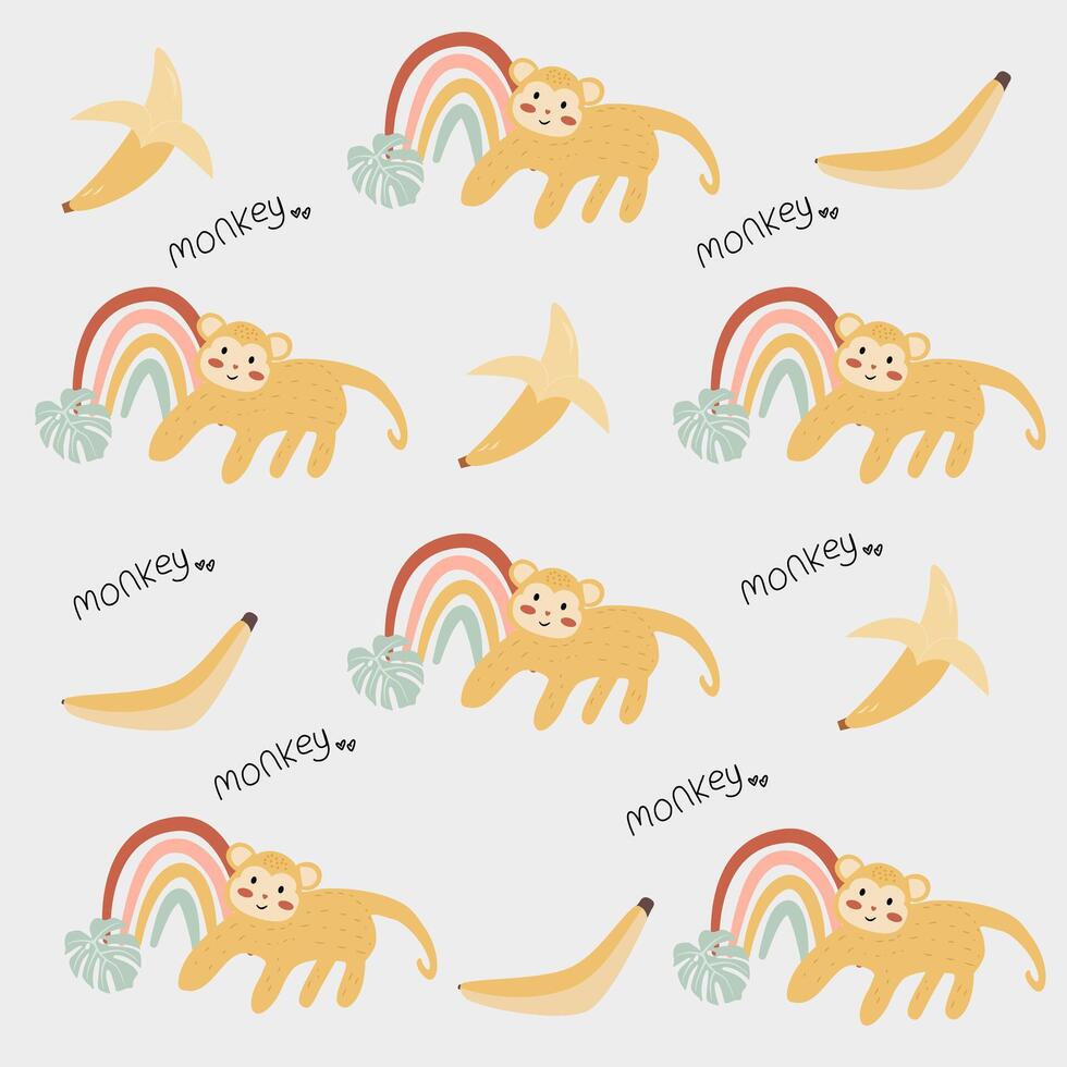 kinderachtig naadloos patroon met schattig aap, banaan en boho regenboog creatief structuur voor kleding stof en textiel voorraad illustratie vector