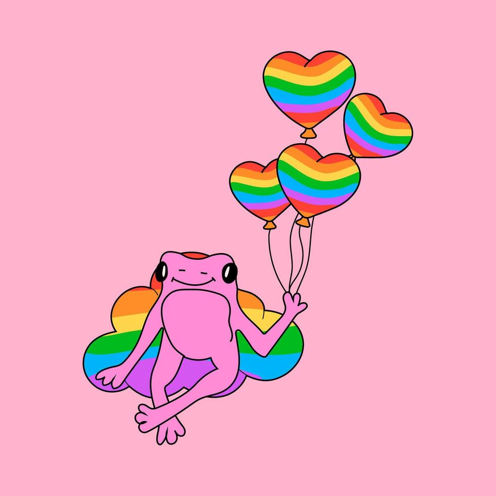 schattig kikker met symbolen reeks in regenboog kleuren. vector illustratie. trots maand