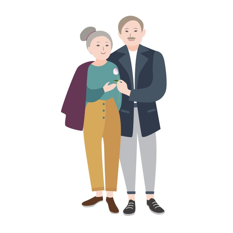 glimlachen oud Mens staand naast ouderen vrouw, hartelijk omarmen haar en geven bloem. romantisch senior paar. mooi vlak tekenfilm tekens geïsoleerd Aan wit achtergrond. vector illustratie.