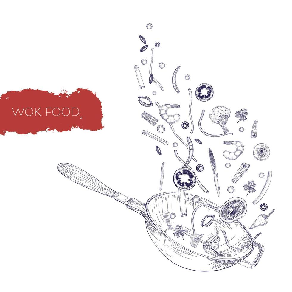 monochroom realistisch tekening van wok pan en groenten, paddestoelen, noedels, specerijen frituren en gooien omhoog. Chinese Koken vaartuig hand- getrokken in antiek stijl met contour lijnen. vector illustratie.