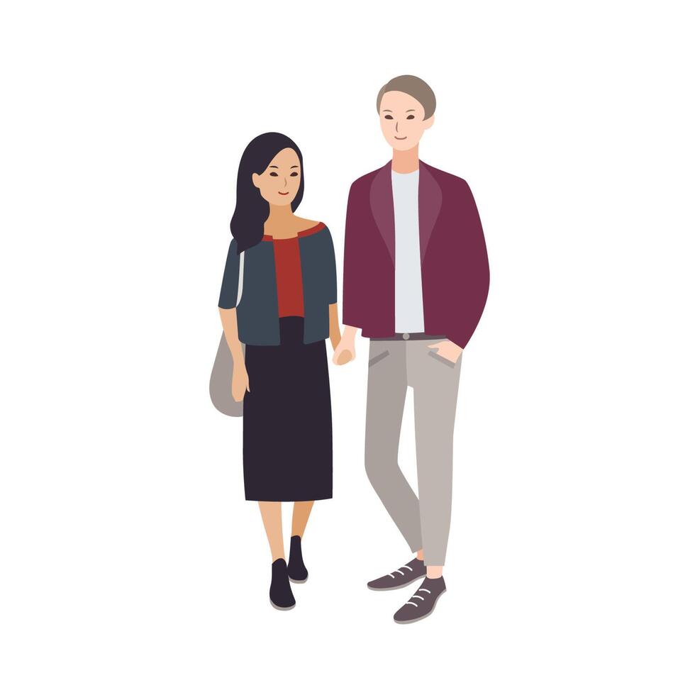 paar- van jong Mens en vrouw van verschillend nationaliteiten gekleed in elegant kleding staand en Holding elk die van anderen handen. interraciaal relatie. vlak tekenfilm karakters. vector illustratie.