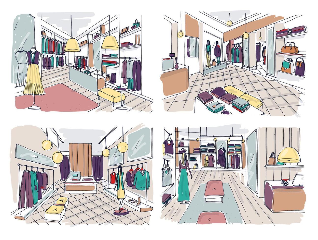 kleurrijk tekeningen van kleding winkel interieur met meubels, tellers, vitrines, etalagepoppen gekleed in modieus kleren. hand- getrokken mode op te slaan of modieus kleding winkel. vector illustratie.