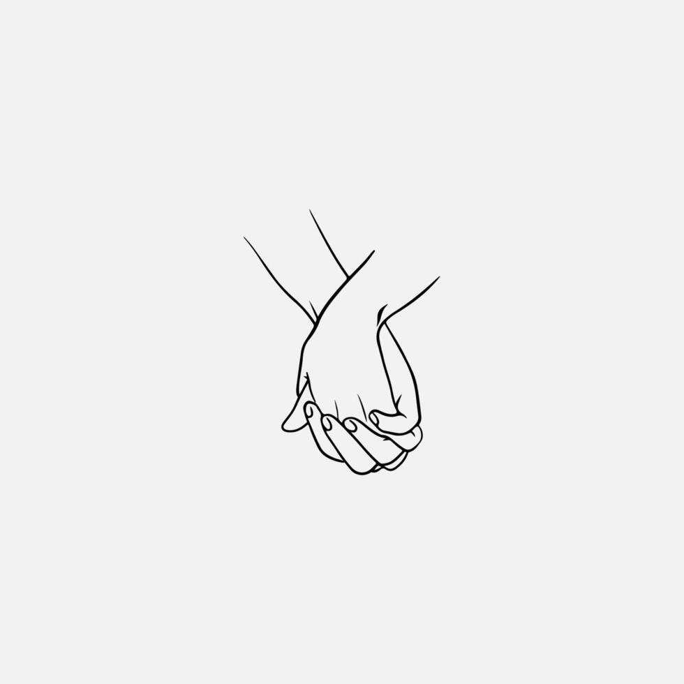 Holding handen met met elkaar verbonden of met elkaar verweven vingers getrokken door zwart lijnen geïsoleerd Aan wit achtergrond. symbool van paar in liefde, romantiek, tederheid, daten. monochroom vector illustratie.