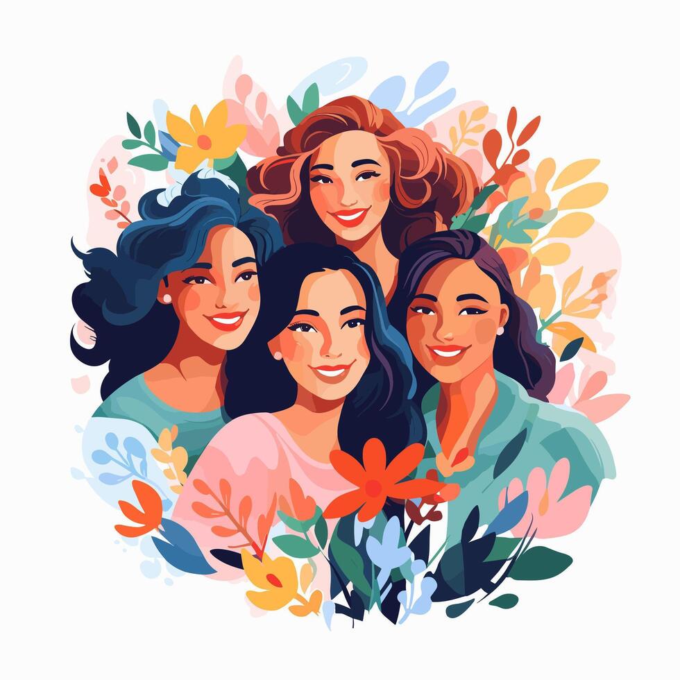 portret van vier vertrouwen Dames met verschillend huid tonen en haar- kleuren, omringd door bloemen, geïsoleerd Aan wit achtergrond vector