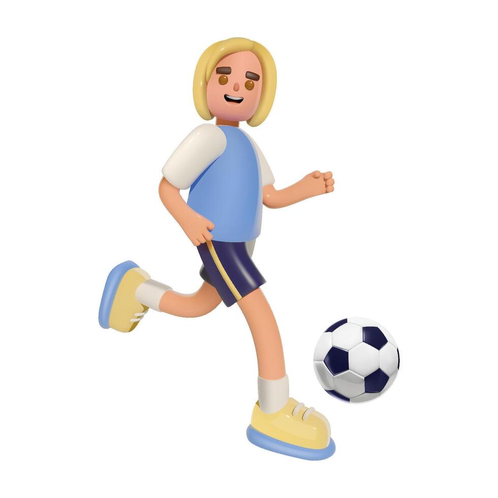 gestileerde 3d jongen spelen voetbal in sport- uniform. tekenfilm karakter is rennen met voetbal bal. vector geïsoleerd illustratie.