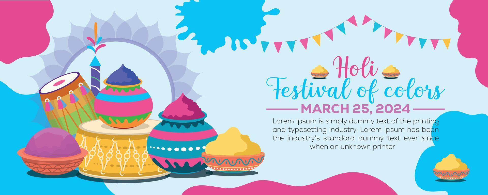gelukkig holi kleurrijk banier sjabloon Indisch hindoeïsme festival viering, sociaal media poster ontwerp en horizontaal banier sjabloon voor holi festival viering vector