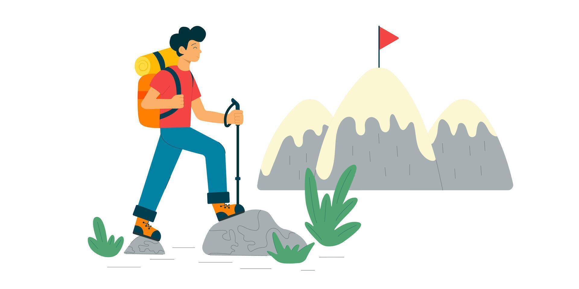 Mens is beklimming een berg. wandelen en trekking in natuur. vector illustratie