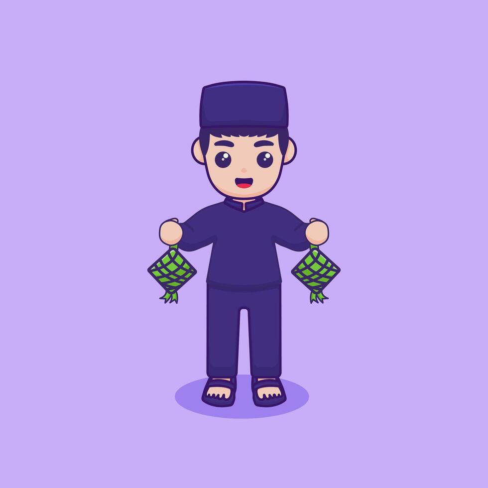 vector illustratie van een karakter Holding een ketupat. Ramadan kareem ontwerp concept