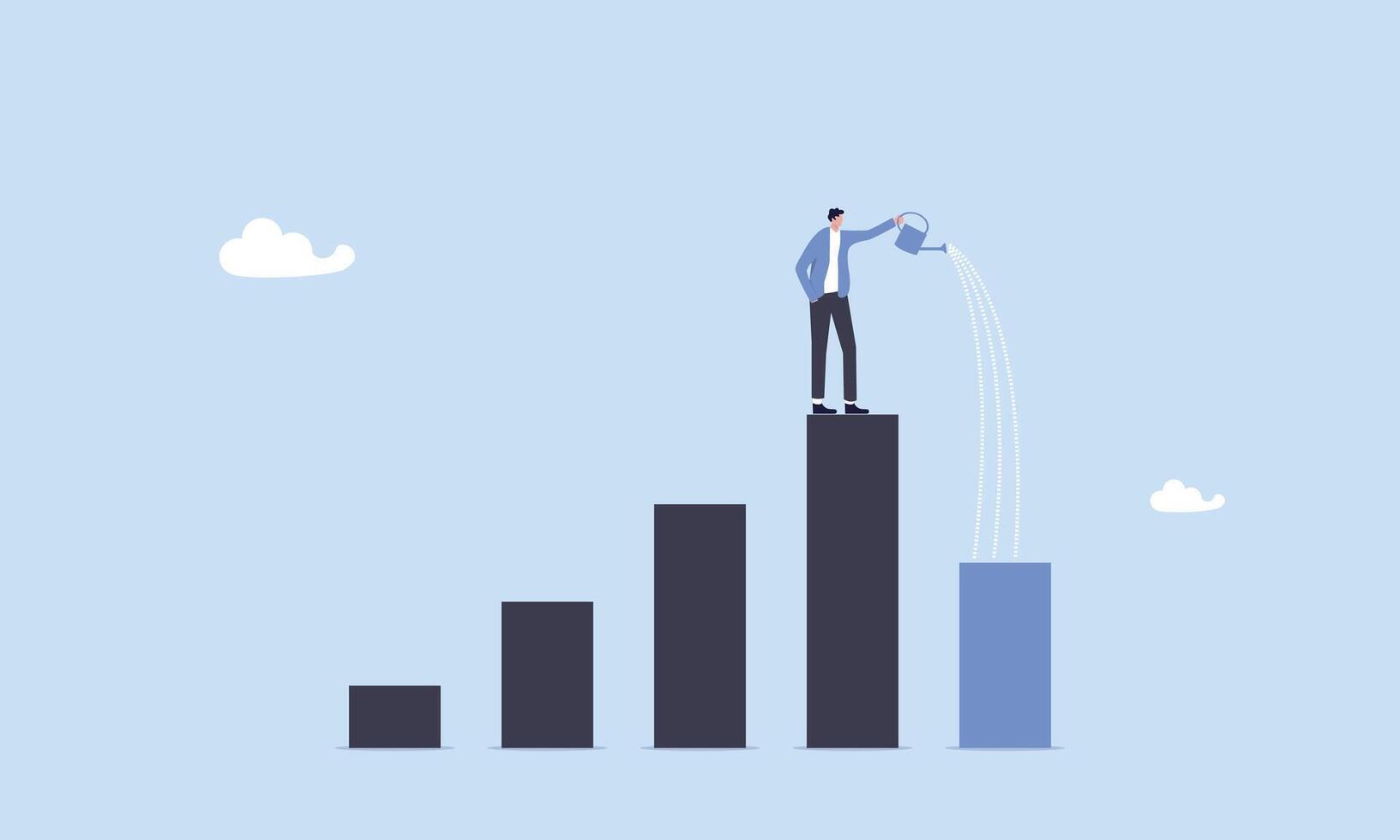 zakenman leider staand Aan winst bar diagram gieter deze jaar groeit bar grafiek, economisch herstellen van geld stimulans, leiderschap naar toenemen bedrijf, investering groei of winst en verdienen concept vector