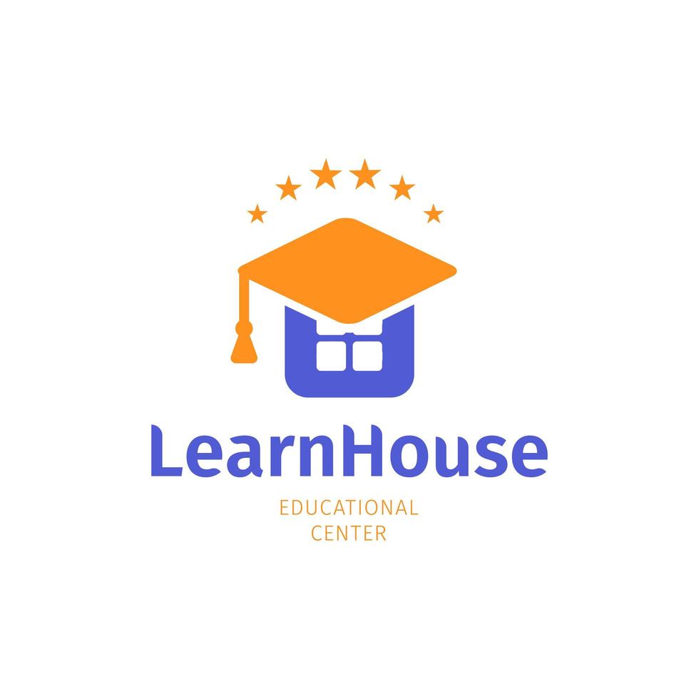 kennis huis plat logo, universiteit, hogeschool en school onderwijs symbool. afstudeerpet op gebouw, vectorlogotype vector