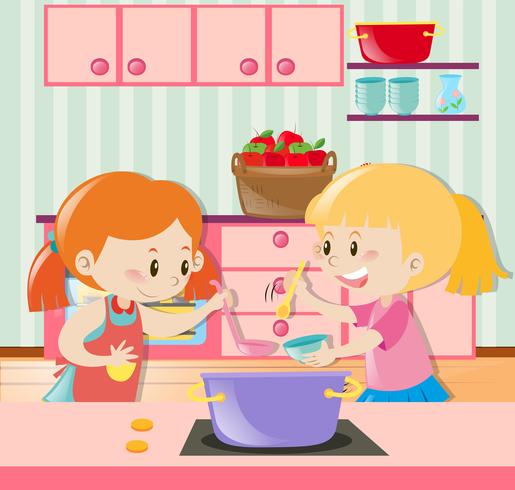 Twee meisjes die soep in de keuken maken vector
