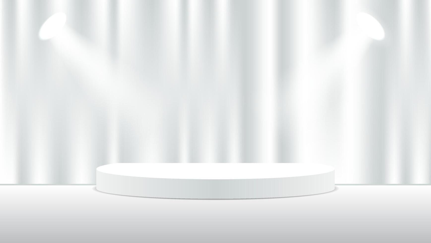 3d wit podium achtergrond met gordijnen en lichten voor Scherm Product presentatie. vector illustratie