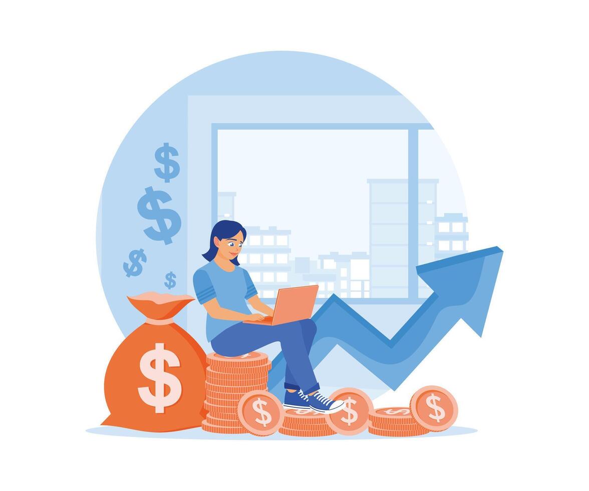 een vrouw is zittend Aan een stapel van munten. Holding een laptop en investeren in een bank online. investering concept. vlak vector illustratie.