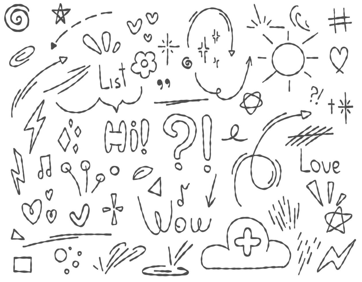 tekening schattig schitteren pen lijn elementen getrokken in potlood. tekening hart, pijl, ster, fonkeling decoratie symbool icoon set. vector illustratie.