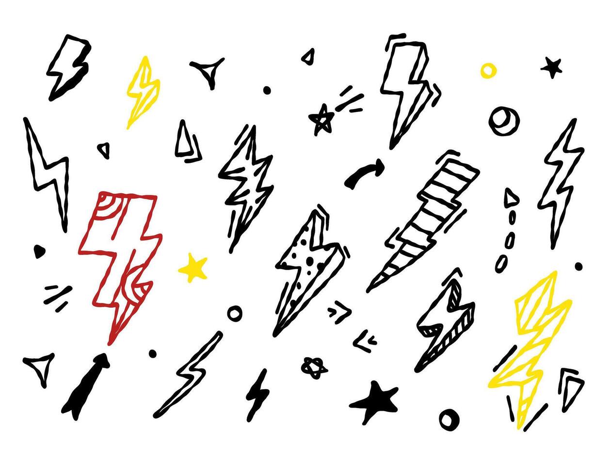 schetsen bliksem. donder tekening, bouten elektriciteit kattebelletje elementen. geïsoleerd licht of snelheid doodles grafisch ontwerp. vector
