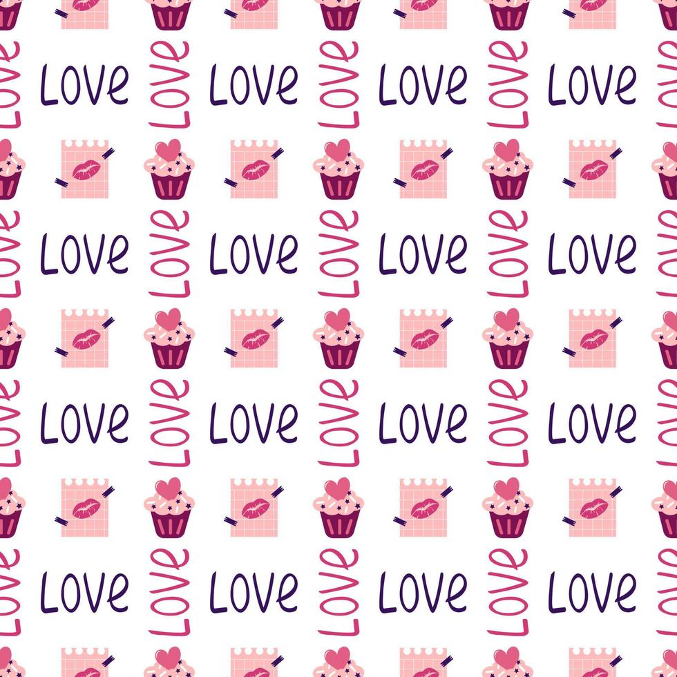 Valentijnsdag naadloos patroon met cake, harten, woord liefde en notitie met lippen. vector platte print illustratie met feestelijke decoratie voor inpakpapier, bruiloft en vakantie