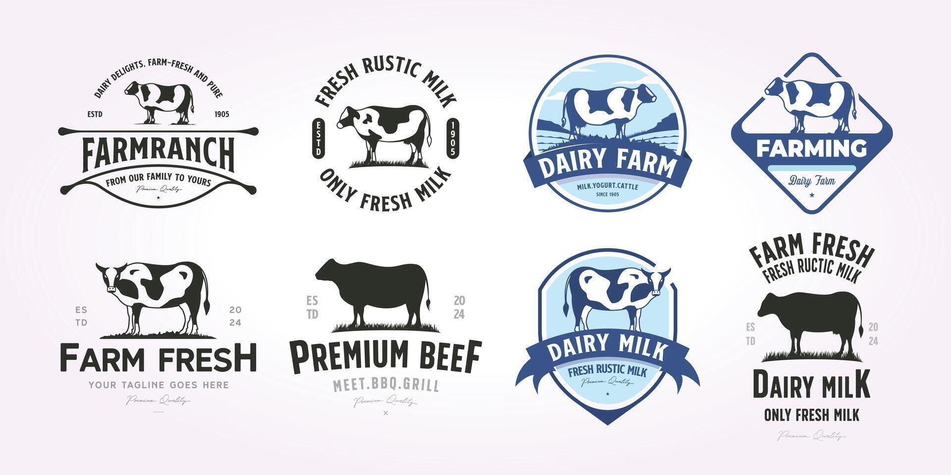 reeks bundel vee boerderij logo sjabloon. bundelen van zuivel boerderij logo vector ontwerp. illustratie wijnoogst van koe, boerderij, melk