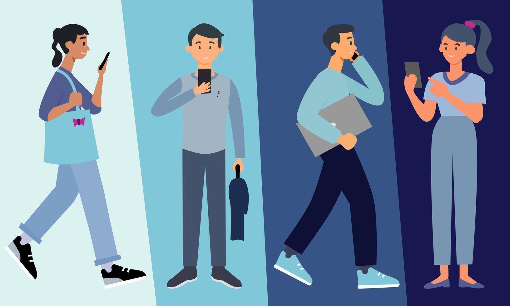 jong mannen en Dames gebruik makend van apparaatje of smartphone. vector illustratie.