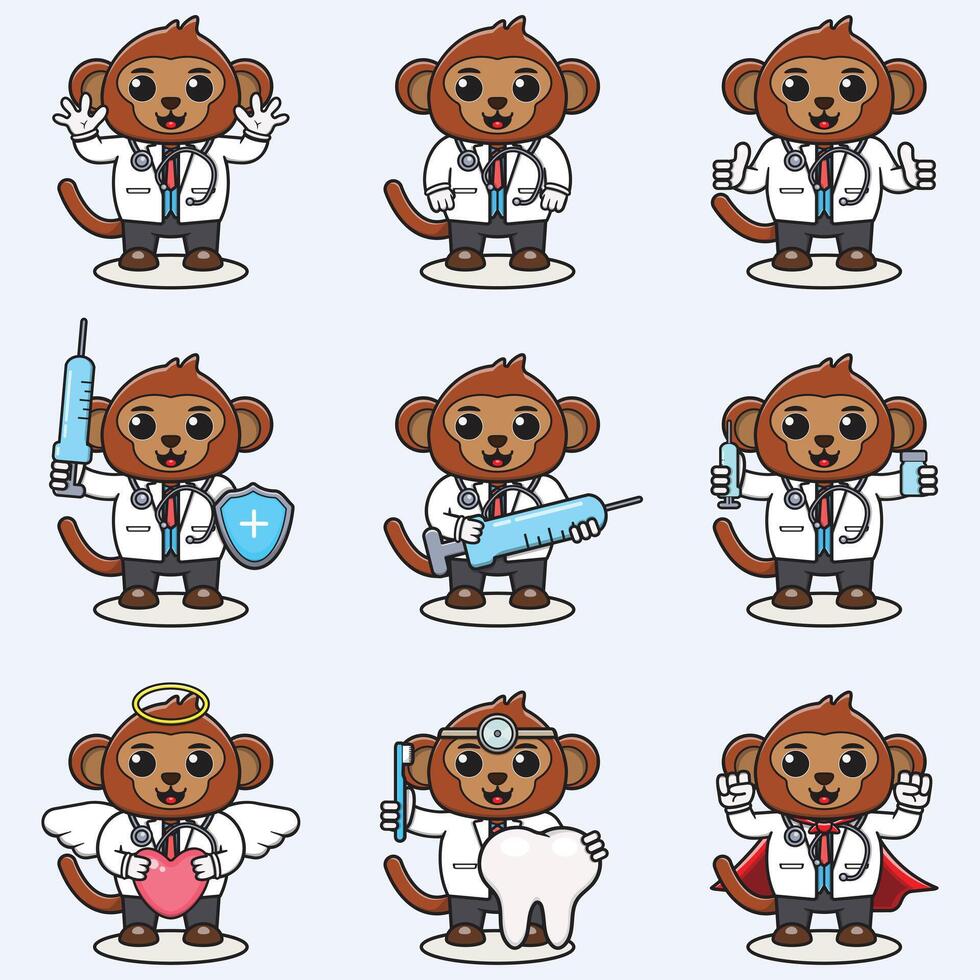 vector illustratie van schattig aap tekenfilm met dokter kostuum. reeks van schattig aap karakters. verzameling van grappig weinig aap .