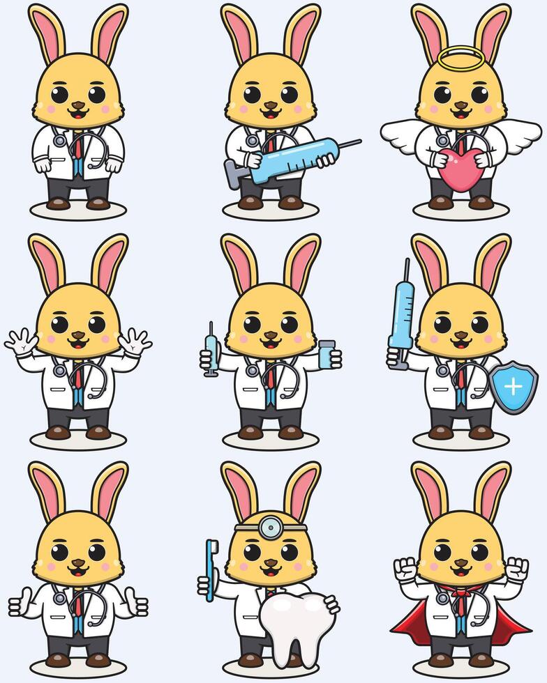 vector illustratie van schattig konijn tekenfilm met dokter kostuum. reeks van schattig konijn karakters. verzameling van grappig weinig konijn.