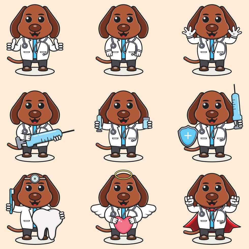 vector illustratie van schattig hond tekenfilm met dokter kostuum. reeks van schattig hond karakters. verzameling van grappig weinig hond.
