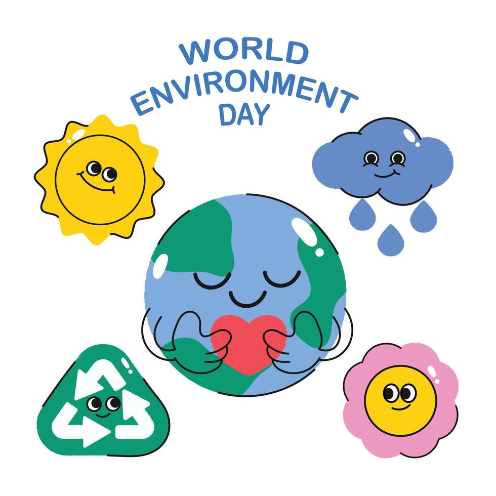 wereld milieu dag concept achtergrond vector. opslaan de aarde, wereldbol, recycle symbool, zon, bloem, wolk. eco vriendelijk illustratie ontwerp voor web, banier, campagne, sociaal media na. vector
