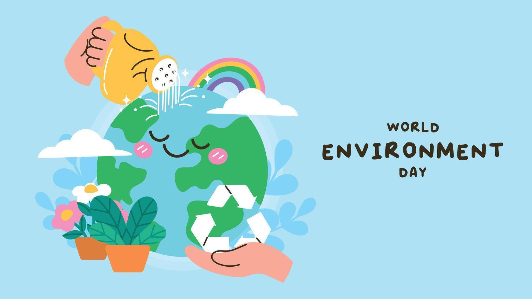 wereld milieu dag concept achtergrond vector. opslaan de aarde, wereldbol, recycle symbool, gieter kan. eco vriendelijk illustratie ontwerp voor web, banier, campagne, sociaal media na. vector