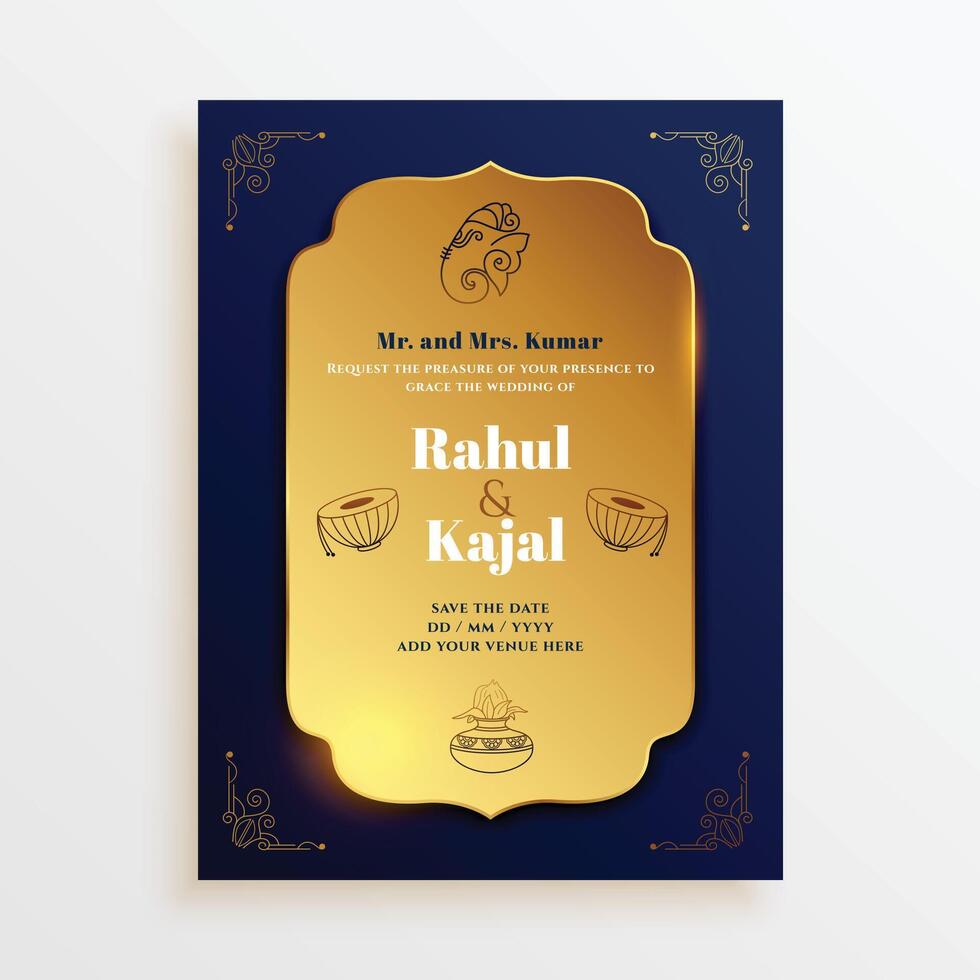 donker gouden Indisch bruiloft uitnodiging kaart sjabloon ontwerp vector