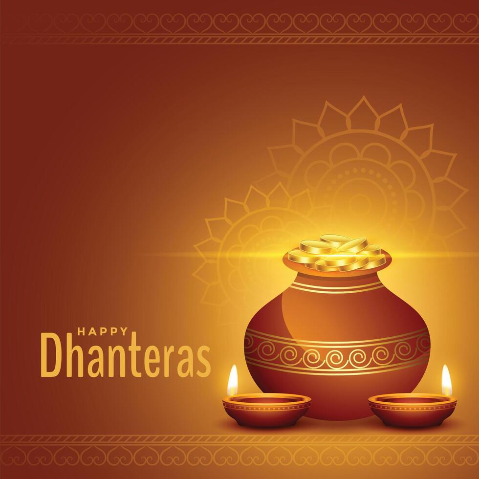 decoratief gelukkig dhanteras gouden achtergrond met kalash en diya vector