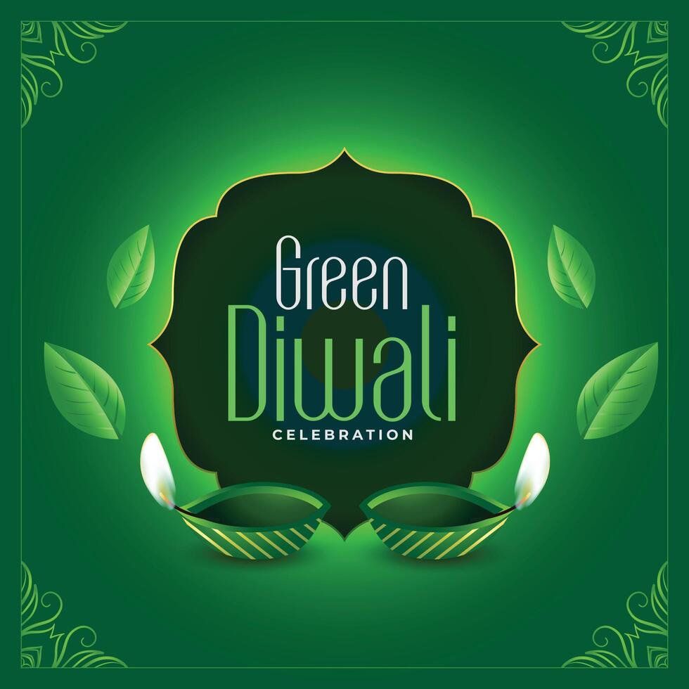 gelukkig groen diwali traditioneel achtergrond met diya en bladeren ontwerp vector