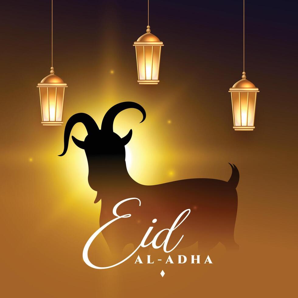 eid al adha gloeiend groet met geit en lantaarn vector