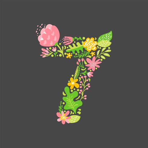 Bloemen zomer nummer 7 zeven. Bloem Hoofdstad bruiloft alfabet. Kleurrijke lettertype met bloemen en bladeren. Vector illustratie folk stijl