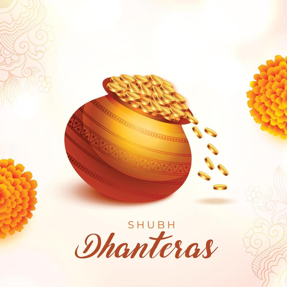 shubh dhanteras gelegenheid achtergrond met gouden munt pot en bloemen ontwerp vector