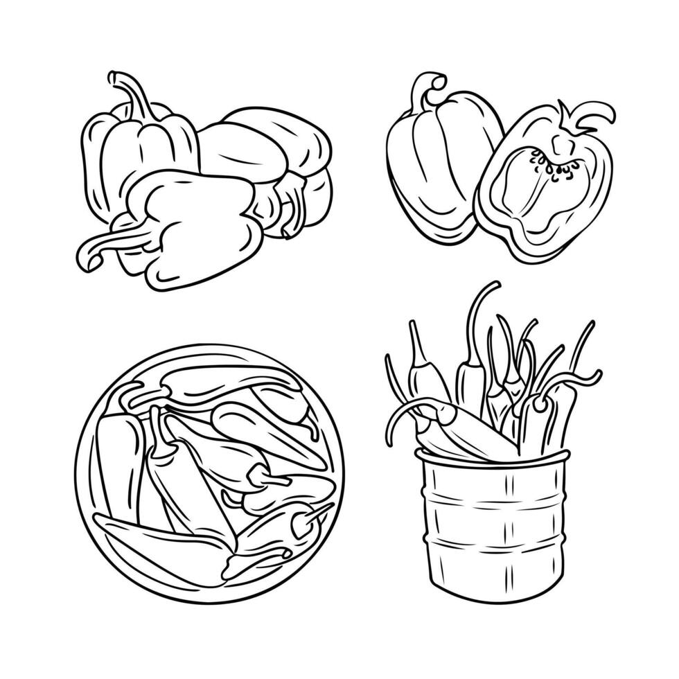hand- getrokken vaag tekening van paprika's. tekening contour groepen van groenten voor gezond aan het eten Aan wit achtergrond. ideaal voor kleur Pagina's, tatoeëren, patroon vector