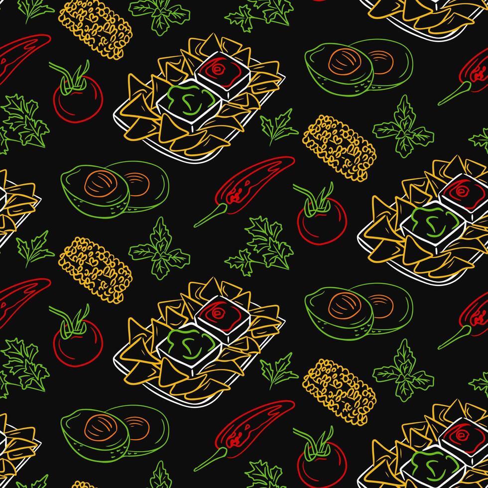 tekening Mexicaans voedsel naadloos patroon. donker thema. vector contour tekeningen geïsoleerd Aan zwart achtergrond. uniek retro afdrukken ontwerp voor textiel, behang, interieur, omhulsel