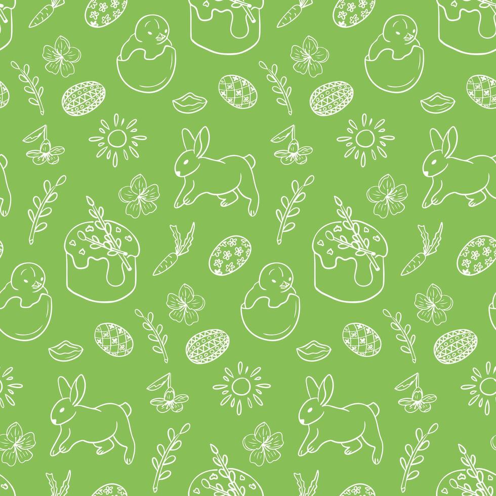 Pasen schets naadloos patroon met Pasen taart. wit tekening Pasen konijn, mand, Pasen eieren en slikken Aan groen achtergrond. voorjaar vakantie ontwerp voor decoratie, inpakken, banier vector