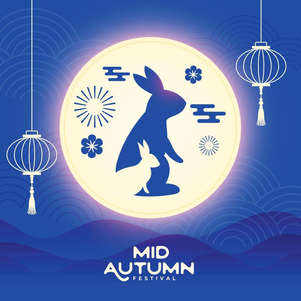 mooi maan midden herfst festival blauw tafereel achtergrond vector